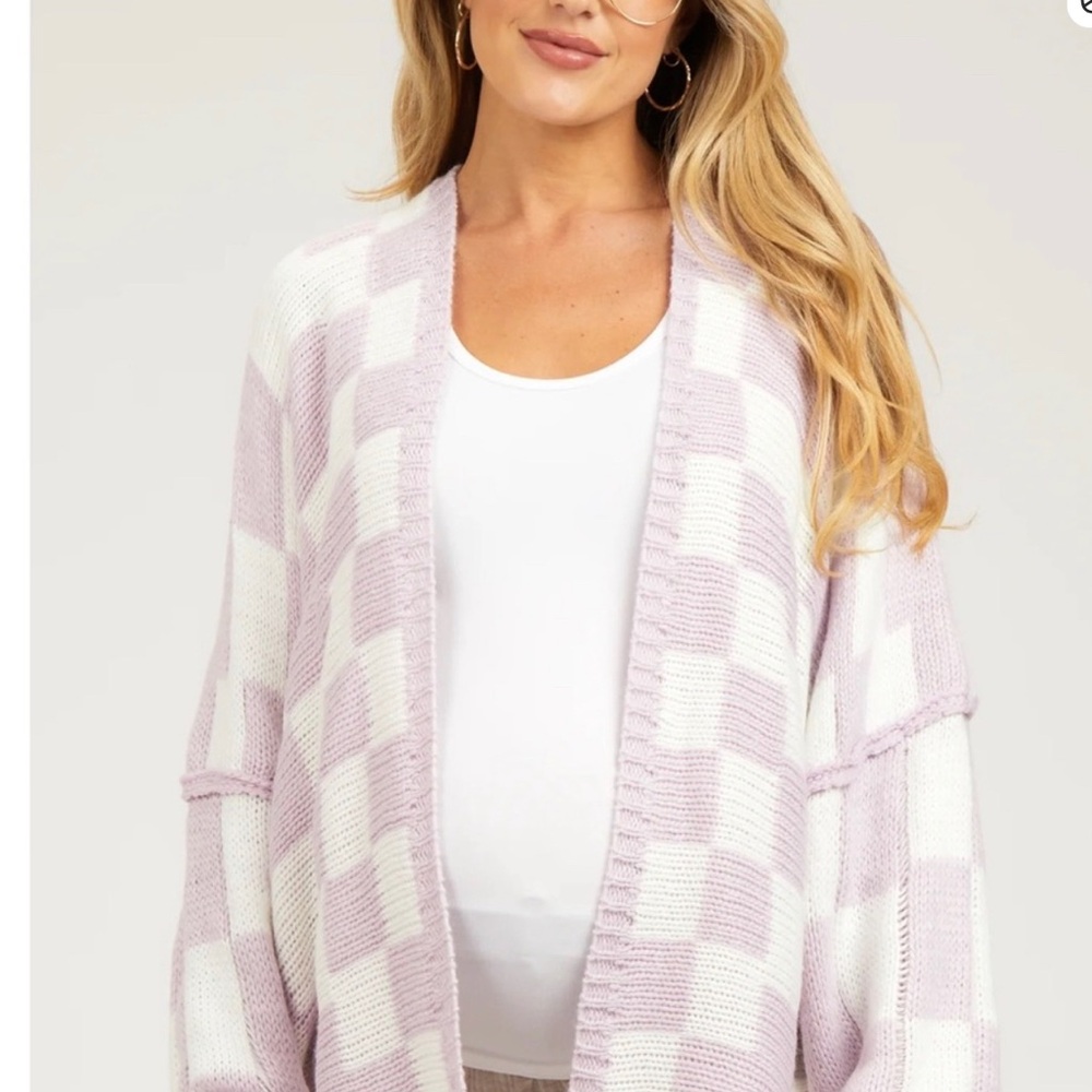 Pinkblush Purple and White Checkered
Cardigan Sweater —Size Small